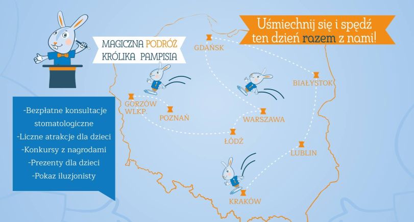 Mapka przedstawia kolejne miasta odwiedzane przez Królika Pampisia