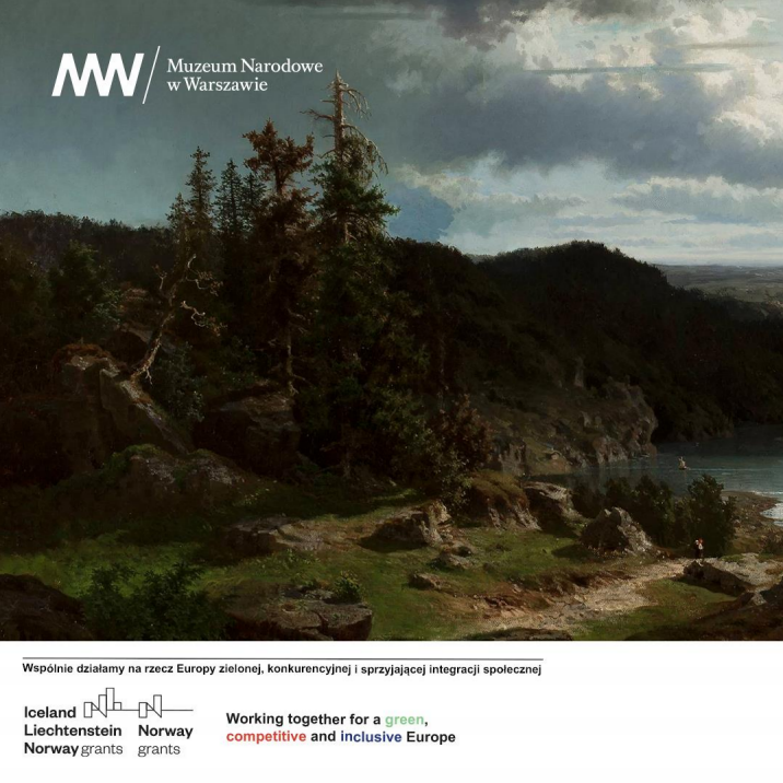 Na zdjęciu malowidło widoku przedsatwaijącego niebo z chmurami i drzewo, wszystko w zgaszonych kolorach sino-niebieskich